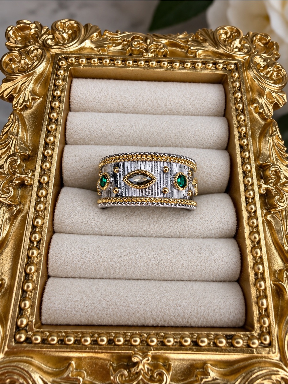 Gold and Silver Statement Band Ring with Green Gem Accents